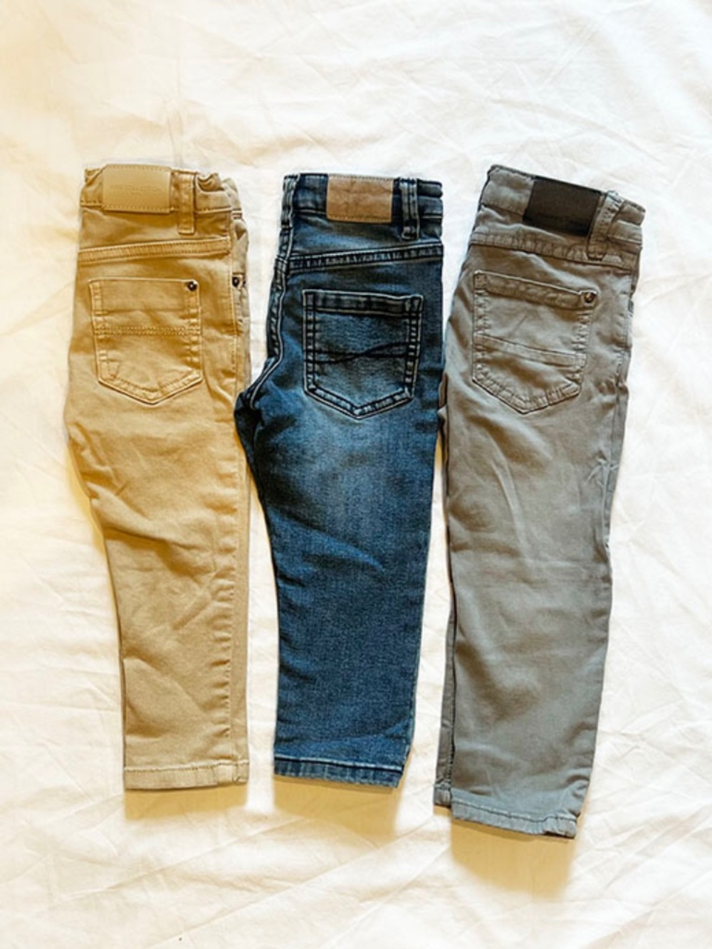 2T BUNDLE | 3 Pairs of Pants - Mayoral Tan Jeans, Denim Jeans & Gray Chinos